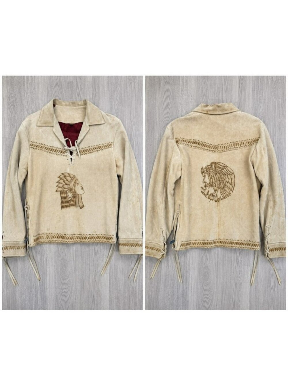 VTG 60s Mexican Suede Jacket Eagle Aztec Chief Native American Pullover Shirt M